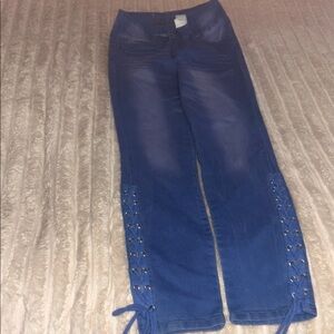 Blue Lace-Up Hem Stretch Jeans